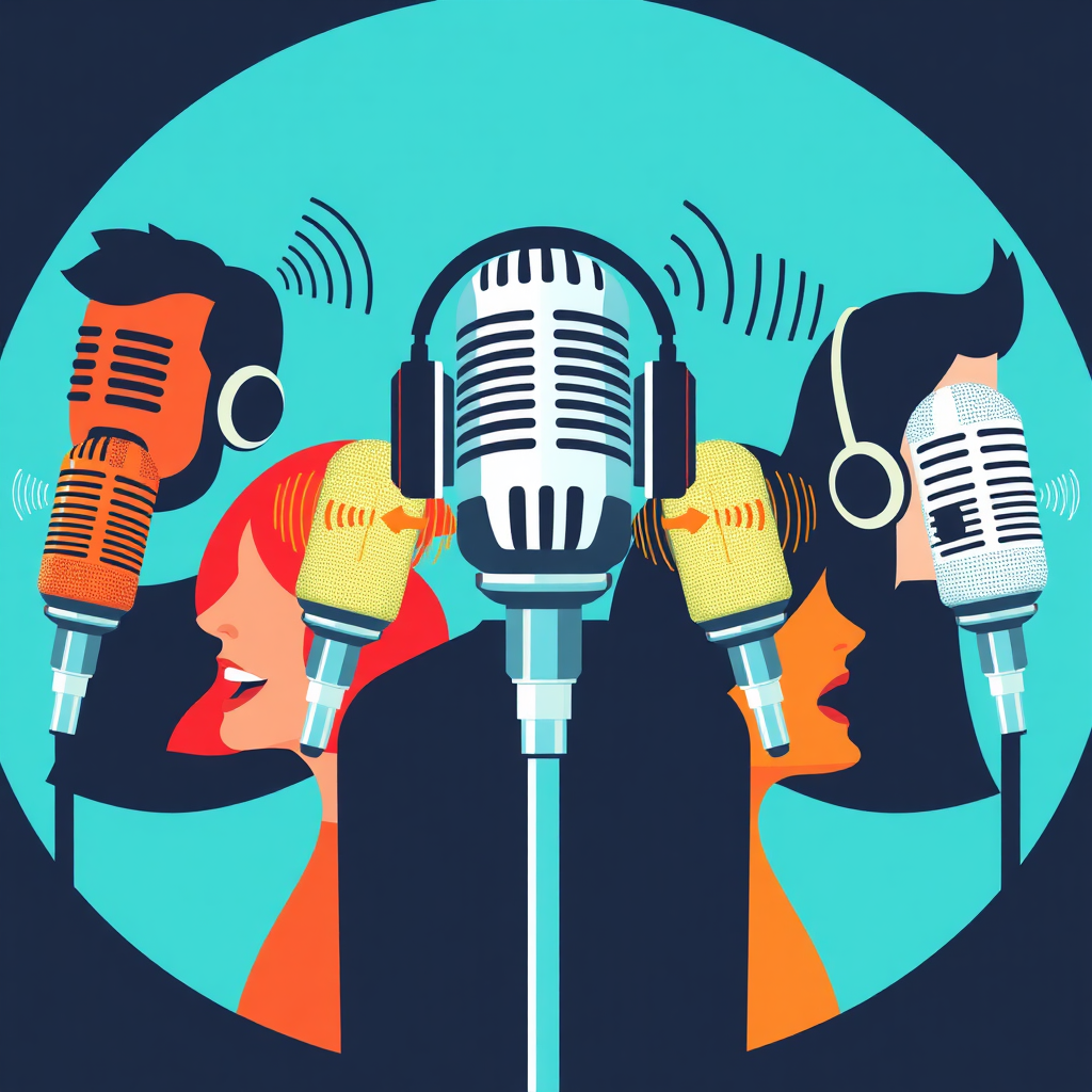 A stylized image depicting various characters represented by different microphones, each emitting a unique sound wave pattern. The microphones could represent different eras (vintage, modern) or styles (dynamic, condenser). The sound waves should be visually distinct and represent different vocal tones or emotions (e.g., excitement, calm, authoritative). Use vibrant colors to differentiate each element and create a dynamic composition. The style should be modern and slightly abstract, suggesting the breadth of vocal possibilities.