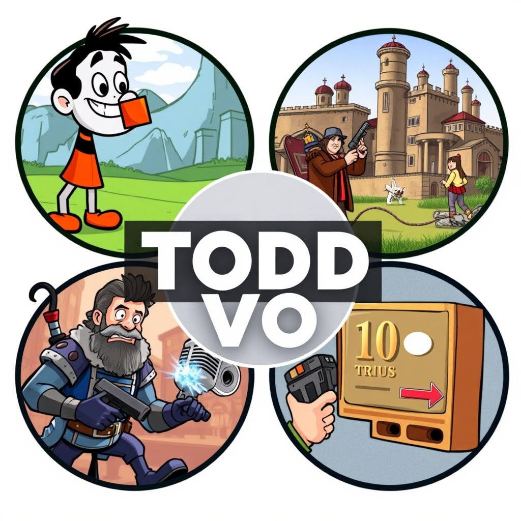 Create a montage image showcasing various genres that Todd VO might work in. These could include: animation (a cartoon character), documentaries (historical scenery), video games (a fantasy character), and commercials (a product shot). Each genre should be visually distinct and representative of its unique style. Use a cohesive color palette to tie all the elements together. The overall effect should be dynamic and engaging, showcasing the breadth of Todd's voice-over capabilities.