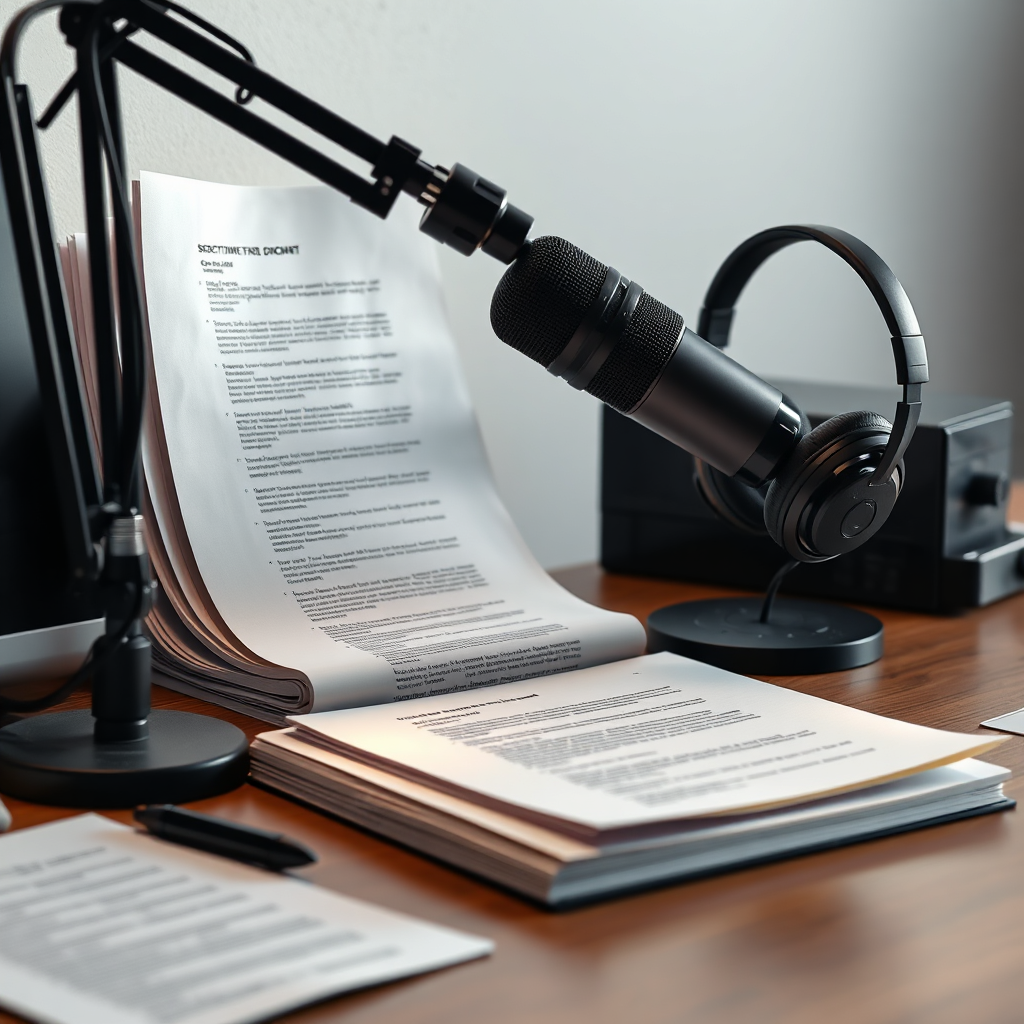 Photorealistic image of various scripts laid out neatly on a desk next to a high-end microphone. Include a pair of headphones resting on the microphone stand. Soft lighting to suggest a professional yet comfortable work environment. The scene should convey a sense of organization and attention to detail. 8K resolution, hyperrealistic textures.