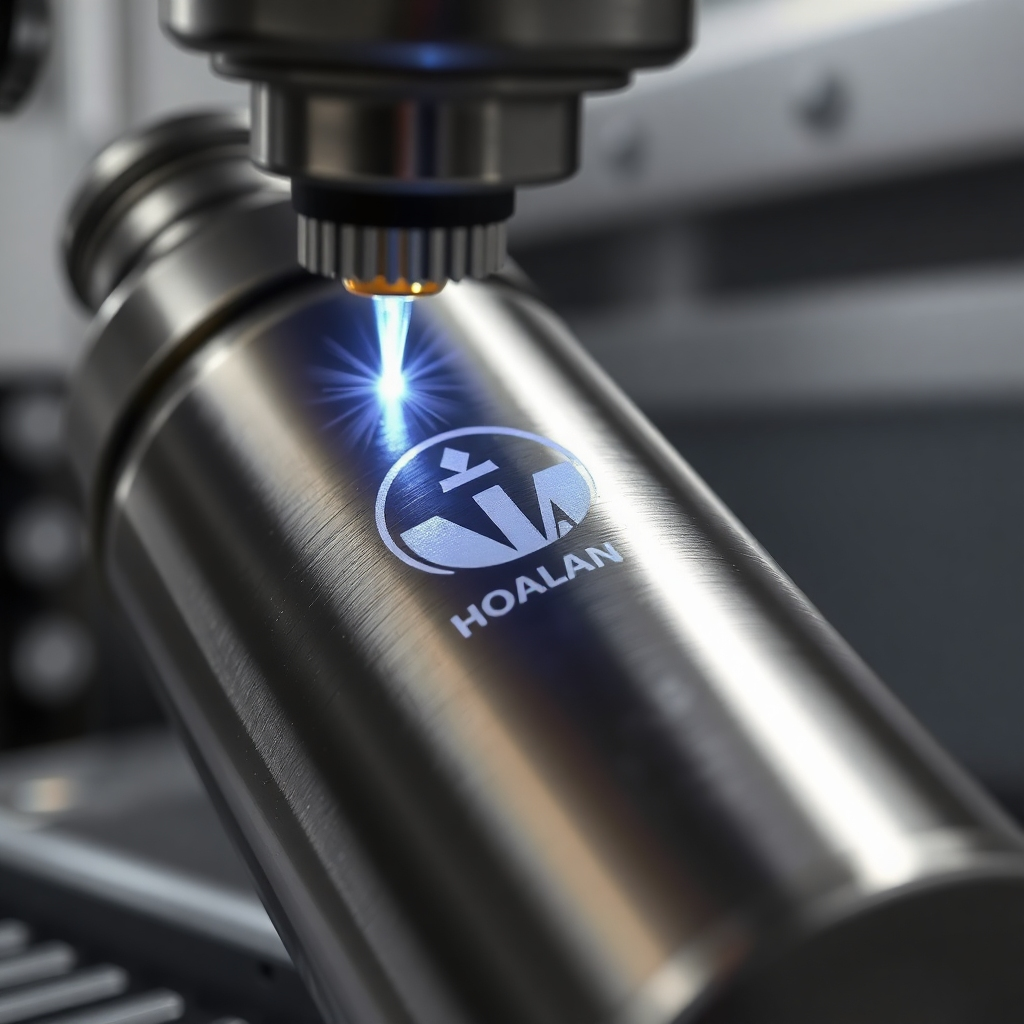 A close-up, photorealistic image of a stainless steel water bottle being laser engraved with a company logo. Focus on the detail of the laser beam interacting with the metal surface, creating a precise and permanent mark. The lighting should be focused on the engraving area, highlighting the contrast between the engraved and unengraved surfaces. The background should be blurred, suggesting a modern workshop environment. The color palette should be primarily silver and gray, with a touch of color from the logo. Style: Industrial, clean, high-tech. Technical specs: 8K resolution, macro photography.