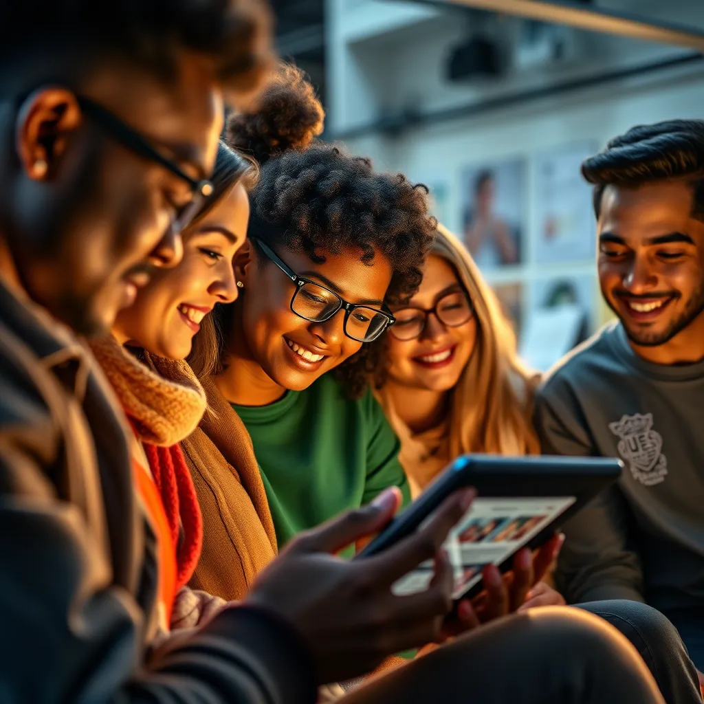 A diverse group of people,  engaging with a story on a tablet or laptop. The visuals are vibrant and engaging, highlighting the brand's personality and values. The background features a creative and dynamic environment.