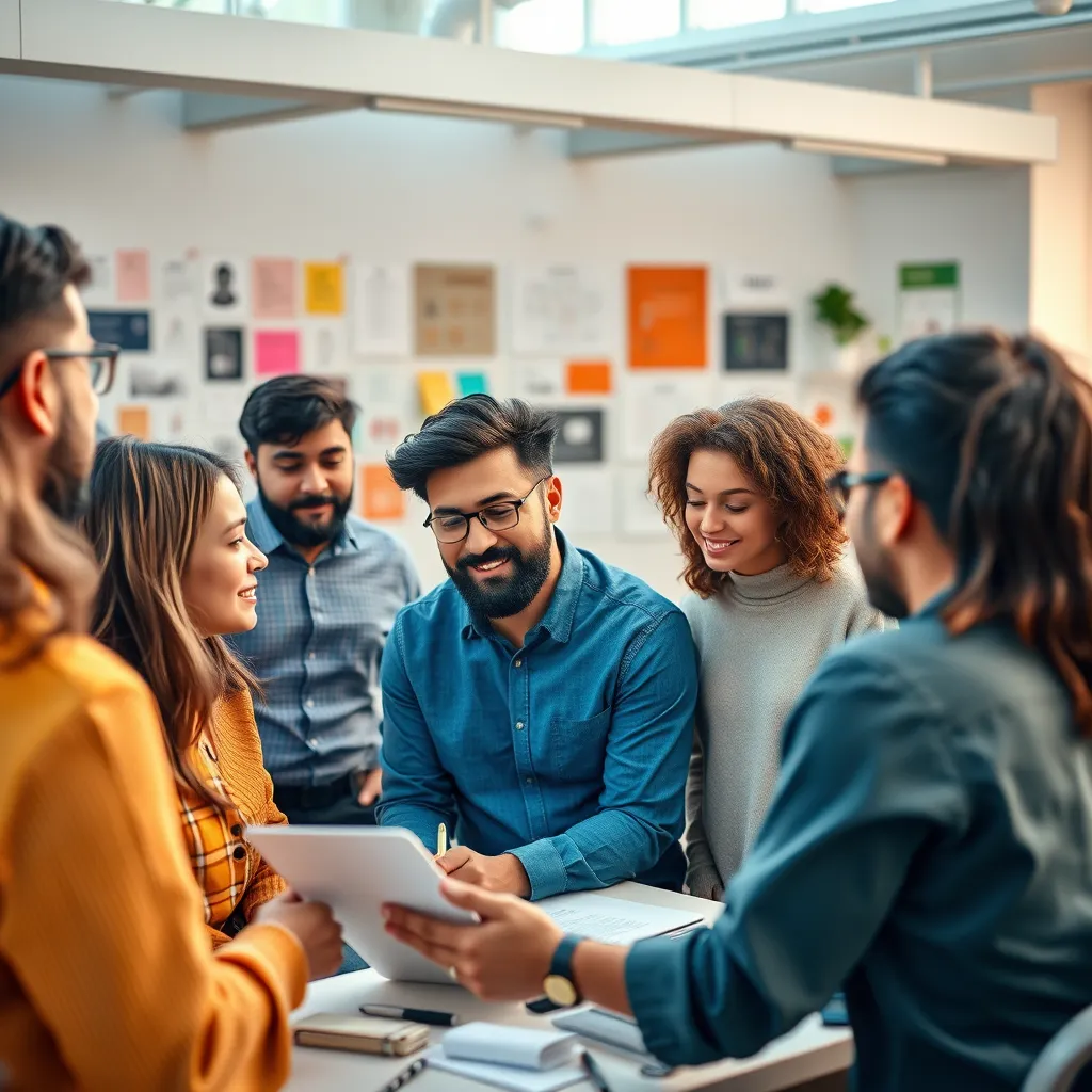 A diverse group of people, including marketers, designers, and writers, brainstorming and collaborating on creative content ideas. The setting could be a bright and open office space, with visual aids like mood boards and sketches.
