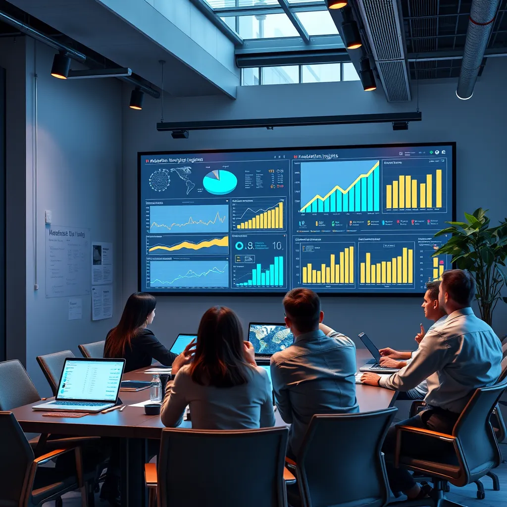 A modern office with a team of people analyzing data on a large screen, with graphs and charts representing marketing insights. The atmosphere is collaborative and focused. 