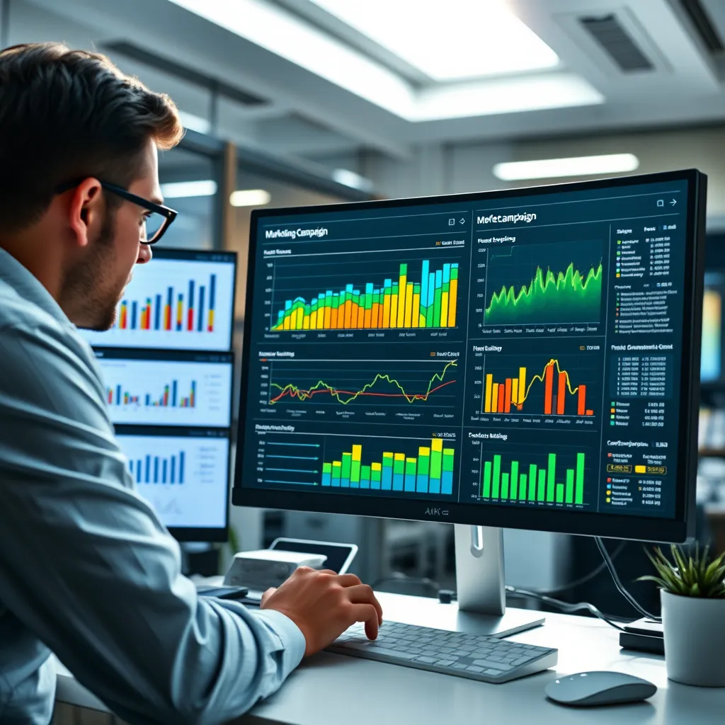 A person analyzing data on a computer screen with charts and graphs showing marketing campaign performance,  a modern workspace in the background with a data visualization display. 