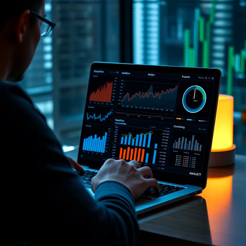 A person using a laptop to monitor real-time data and analytics dashboards. The image should convey a sense of constant analysis and optimization, with clear visuals of key performance indicators.