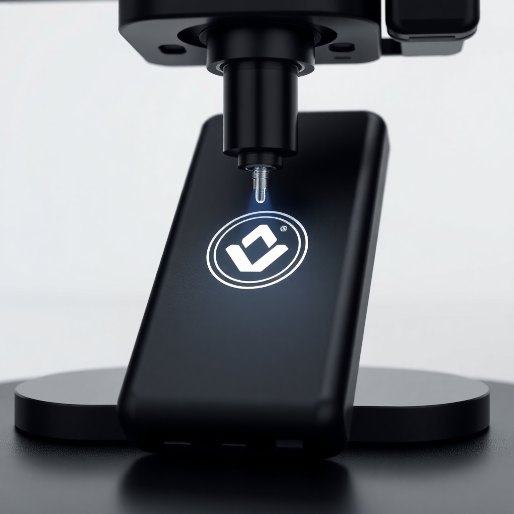A photorealistic image of a black power bank being laser engraved with a company logo. The lighting should be focused on the engraving area, highlighting the contrast between the engraved and unengraved surfaces. The background should be a modern, minimalist workspace. The color palette should be sleek and modern, with blacks, grays, and silver dominating. Style: Tech-forward, minimalist, professional. Technical specs: 8K resolution, hyperrealistic rendering.
