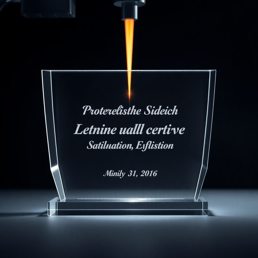 A photorealistic image of a clear acrylic award plaque being laser engraved with a personalized message. The laser beam should be clearly visible, creating a frosted effect on the acrylic surface. The lighting should be dramatic, highlighting the clarity of the acrylic and the precision of the engraving. The background should be a dark, neutral color to emphasize the award. The color palette should be clean and modern, with clear and white tones. The camera angle should be eye-level, capturing the detail of the engraving. Style: Modern, elegant, professional. Technical specs: 8K resolution, hyperrealistic rendering.