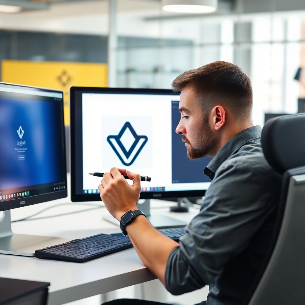 A photorealistic image of a graphic designer working on a custom logo design on a computer. The screen should display a vector graphic of a logo, and the designer should be using a stylus to refine the design. The lighting should be bright and professional, highlighting the details of the design process. The environment should be a modern and creative office space. Style reference: Creative, professional, modern. Technical specs: 8K resolution, hyperrealistic rendering.