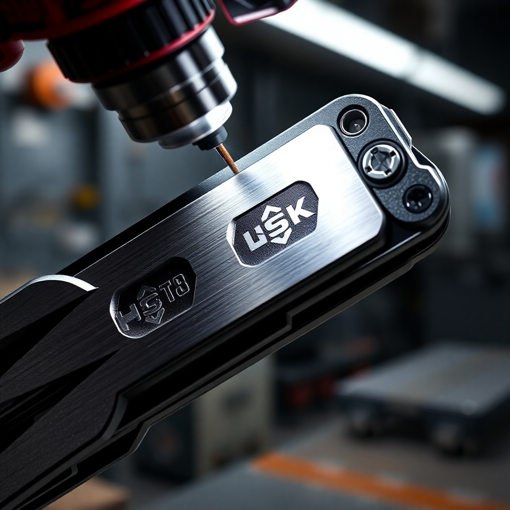 A photorealistic image of a multi-tool being laser-engraved with a company logo. The multi-tool is partially open, revealing some of its functions. The lighting should be focused on the engraving area, highlighting the precision and detail of the logo. The background should be a blurred workshop environment. The color palette should be industrial and functional, with silvers, blacks, and reds dominating. Style: Practical, durable, professional. Technical specs: 8K resolution, hyperrealistic rendering.