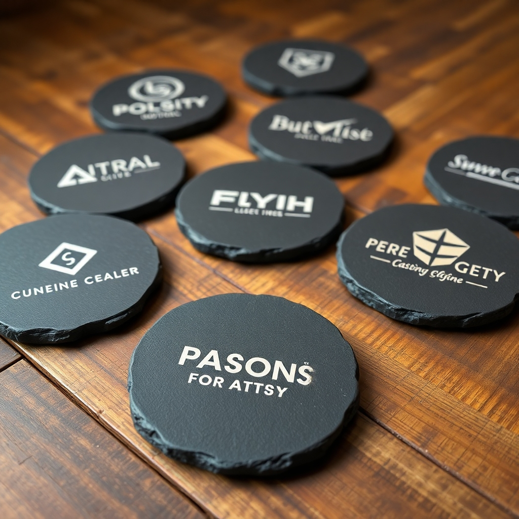 A photorealistic image of several slate coasters, each laser-engraved with a different company logo. The coasters are arranged on a rustic wooden table. The lighting is warm and inviting, highlighting the texture of the slate. The color palette is earthy and natural, with grays, browns, and greens dominating. Style: Rustic, modern, artisanal. Technical specs: 8K resolution, hyperrealistic rendering.