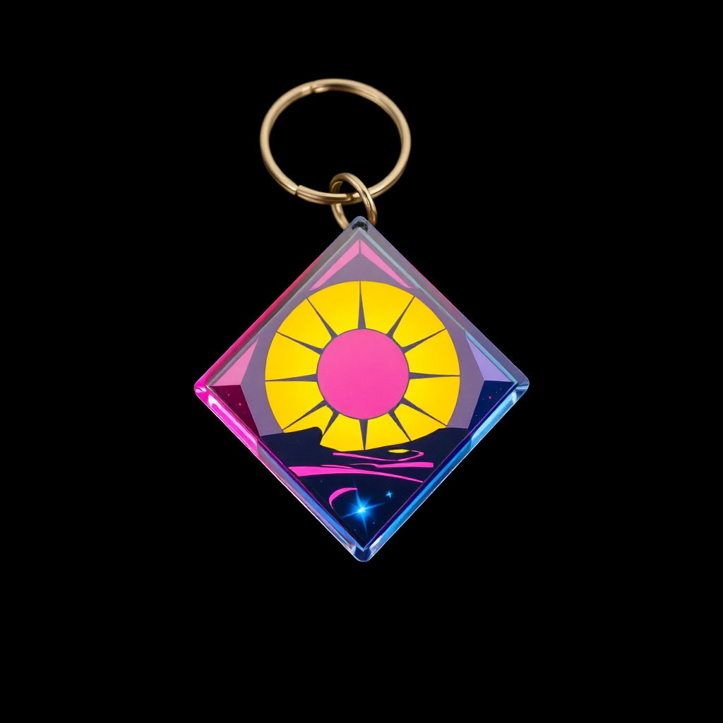 Create a photorealistic image of a metal keychain being laser-engraved with a detailed logo. Focus on the metallic sheen of the keychain and the precision of the laser engraving. The lighting should be bright and focused, highlighting the details of the logo. The background should be blurred, suggesting a workshop environment. The color palette should be metallic and modern, with silvers and grays dominating. Style: Modern, sleek, durable. Technical specs: 8K resolution, macro photography.