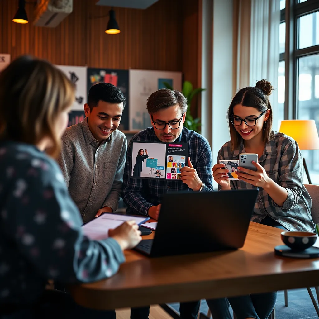 A team of creative professionals working on a laptop, a tablet, and a phone, brainstorming and designing engaging marketing content, including images, videos, and social media posts, with a colorful, modern design aesthetic. 