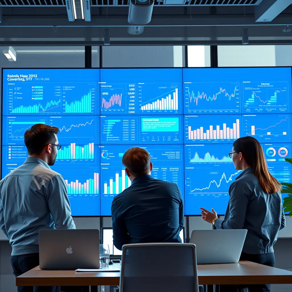 A team of professionals analyzing data on a large screen in a modern office, with charts and graphs showing insights and trends. The atmosphere should be focused and collaborative.