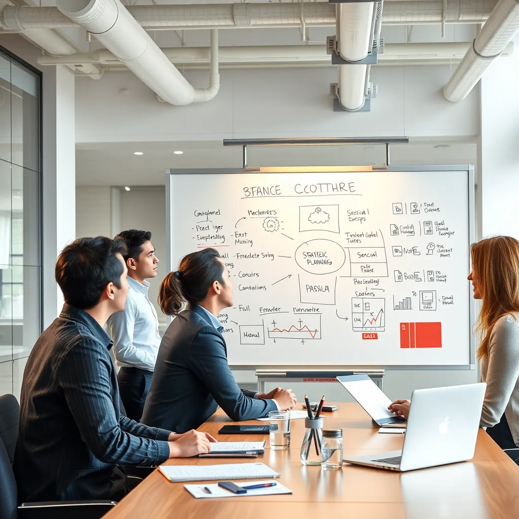 A team of professionals brainstorming around a table, with a whiteboard filled with strategic planning diagrams and marketing goals,  in a modern, bright office space. 