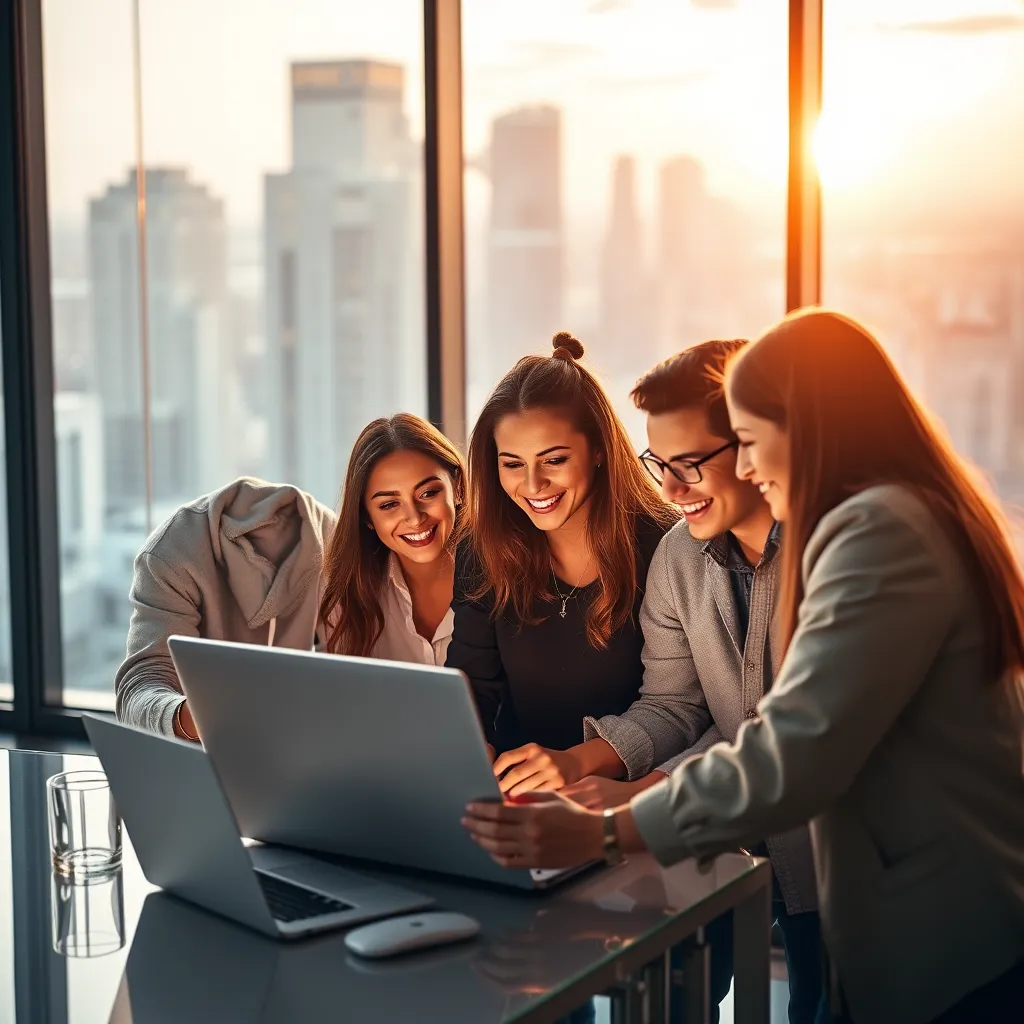 A vibrant and energetic photorealistic image of a team of young professionals collaborating on a laptop, analyzing social media data and insights. The background features a modern office space with large windows, showcasing a bustling cityscape. Use soft, warm lighting to create a positive and welcoming atmosphere. The image should be composed in a dynamic way, capturing the energy and excitement of social media marketing. The team should be diverse and represent a range of ages and ethnicities.  The composition should focus on the team's engagement with the laptop screen, with the cityscape serving as a backdrop.  Aim for a high-resolution, ultra-detailed image in the style of a modern marketing agency website.