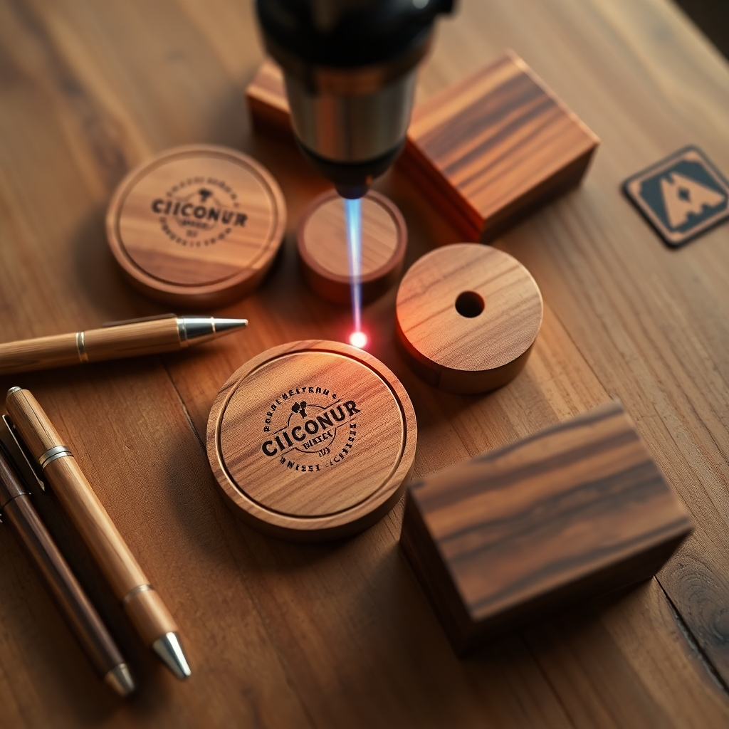Create a photorealistic image showcasing a selection of wooden promotional items (pens, coasters, small boxes) arranged on a natural wood surface. A laser beam is precisely engraving a logo onto one of the wooden coasters. The lighting should be warm and inviting, accentuating the natural grain of the wood. The color palette should be earthy and organic, with browns and creams dominating. The camera angle should be slightly overhead, capturing the arrangement of the items and the laser engraving process. Style: Rustic, natural, artisanal. Technical specs: 8K resolution, hyperrealistic rendering.