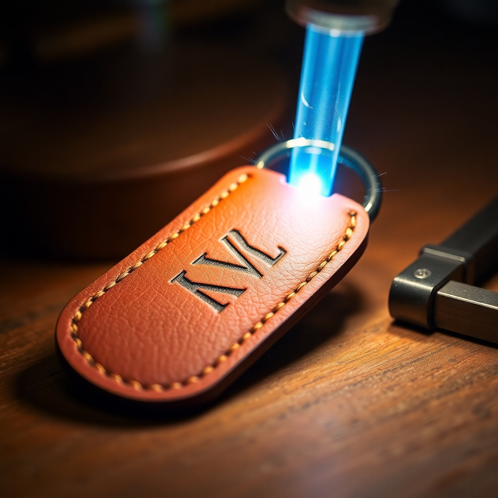 Create a photorealistic image of a leather keychain being laser engraved with initials. Focus on the texture of the leather and the precision of the laser engraving. The lighting should be warm and inviting, highlighting the rich color of the leather. The background should be blurred, suggesting a high-end workshop environment. The color palette should be warm and earthy, with browns and tans dominating. Style: Luxury, sophisticated, artisanal. Technical specs: 8K resolution, macro photography.
