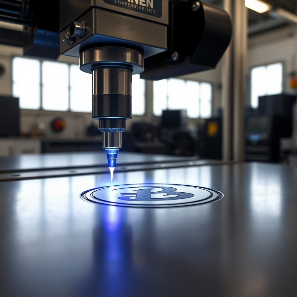 Create a photorealistic image of a laser engraving machine in action, precisely etching a logo onto a metal surface. Focus on the laser beam and the detail of the engraving process. The lighting should be dramatic, highlighting the laser beam and the material being engraved. The environment should be a clean and modern workshop. Style reference: Industrial, high-tech. Technical specs: 8K resolution, hyperrealistic rendering.