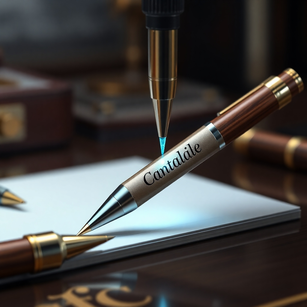 Create a photorealistic image of a high-end pen and pencil set being laser engraved with a company name. The pens should be made of metal and wood, and the engraving should be precise and elegant. The lighting should be soft and diffused, highlighting the craftsmanship of the pens. The background should be a luxurious desk setting. The color palette should be rich and sophisticated, with dark woods and metallic accents. Style: Elegant, professional, timeless. Technical specs: 8K resolution, hyperrealistic rendering.