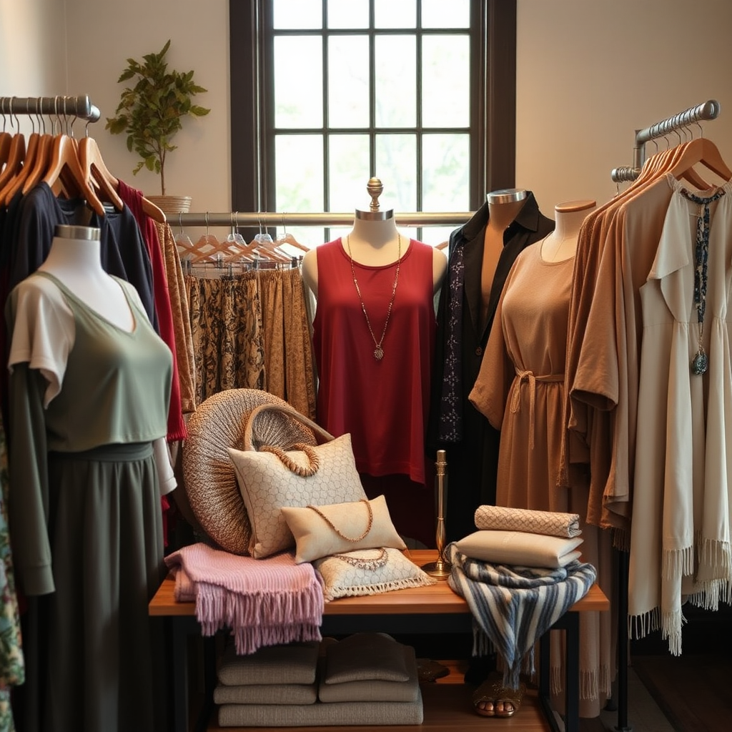 A beautiful display in the boutique showcasing clothing and accessories that embody Christian styling, with subtle elements like faith-inspired jewelry artfully integrated. The composition is inviting, with soft, natural light illuminating the display. The textures of fabrics blend seamlessly, capturing the essence of purposeful fashion.