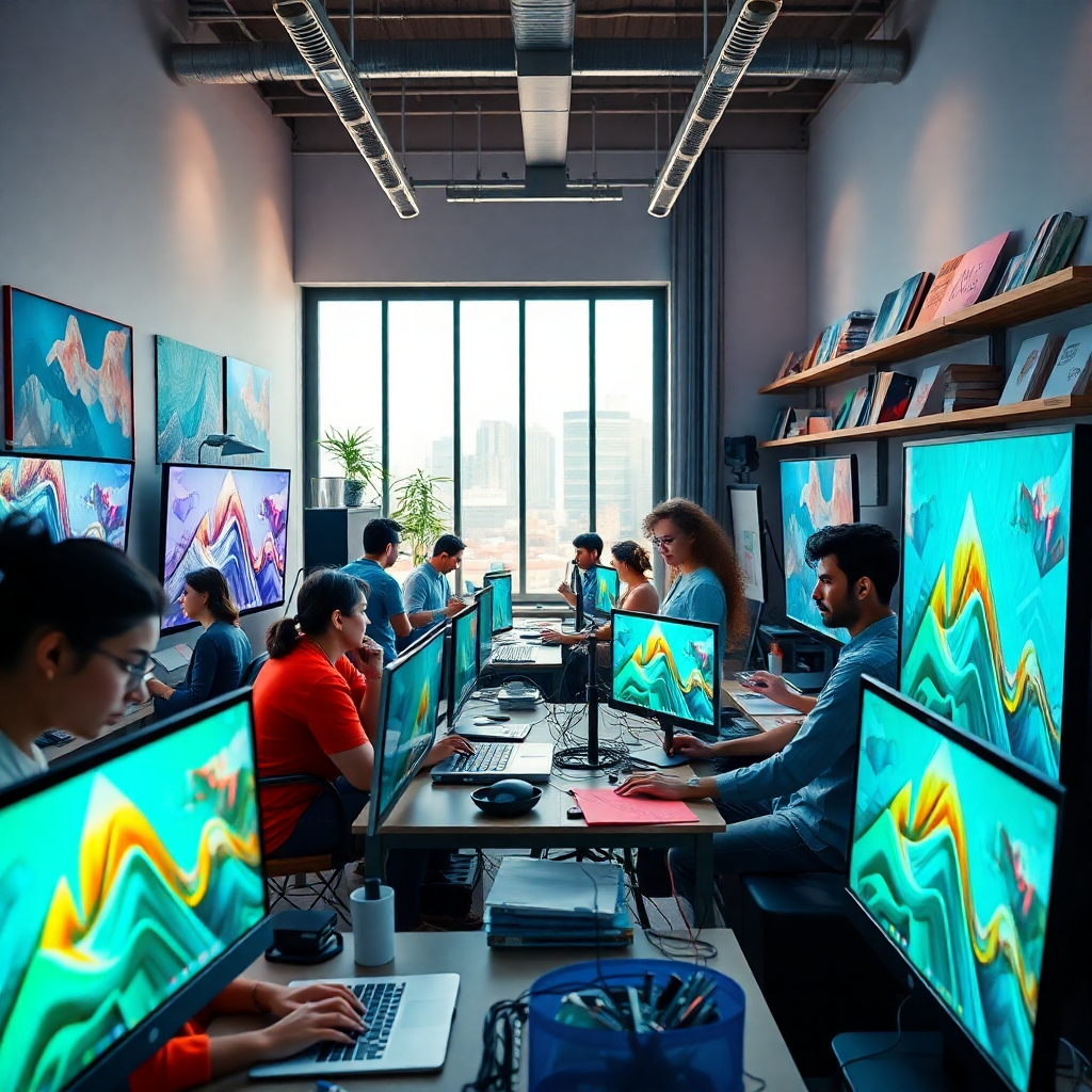 A bustling creative studio filled with digital artists collaborating on high-resolution screens, creating stunning graphic designs. The room has soft diffused lighting highlighting their focused expressions. The color palette is vibrant with rich hues of blue, orange, and green, conveying an energetic yet professional mood. The scene is captured from a slightly elevated angle, showcasing the diverse team and their artworks on display. Textures of materials like metal and glass are evident in the studio furniture. Background elements include a large window overlooking an urban landscape and shelves filled with design books and sketches. The style references the works of contemporary artists with a focus on digital art. The final image is hyperrealistic, displaying fine details in 8K resolution.