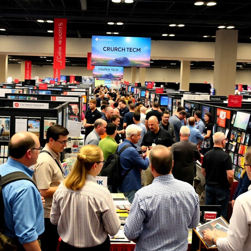A bustling marketplace atmosphere with church leaders engaging in friendly conversations with vendors about product options, surrounded by colorful displays of church tech. The energy symbolizes collaboration between suppliers and ministries.