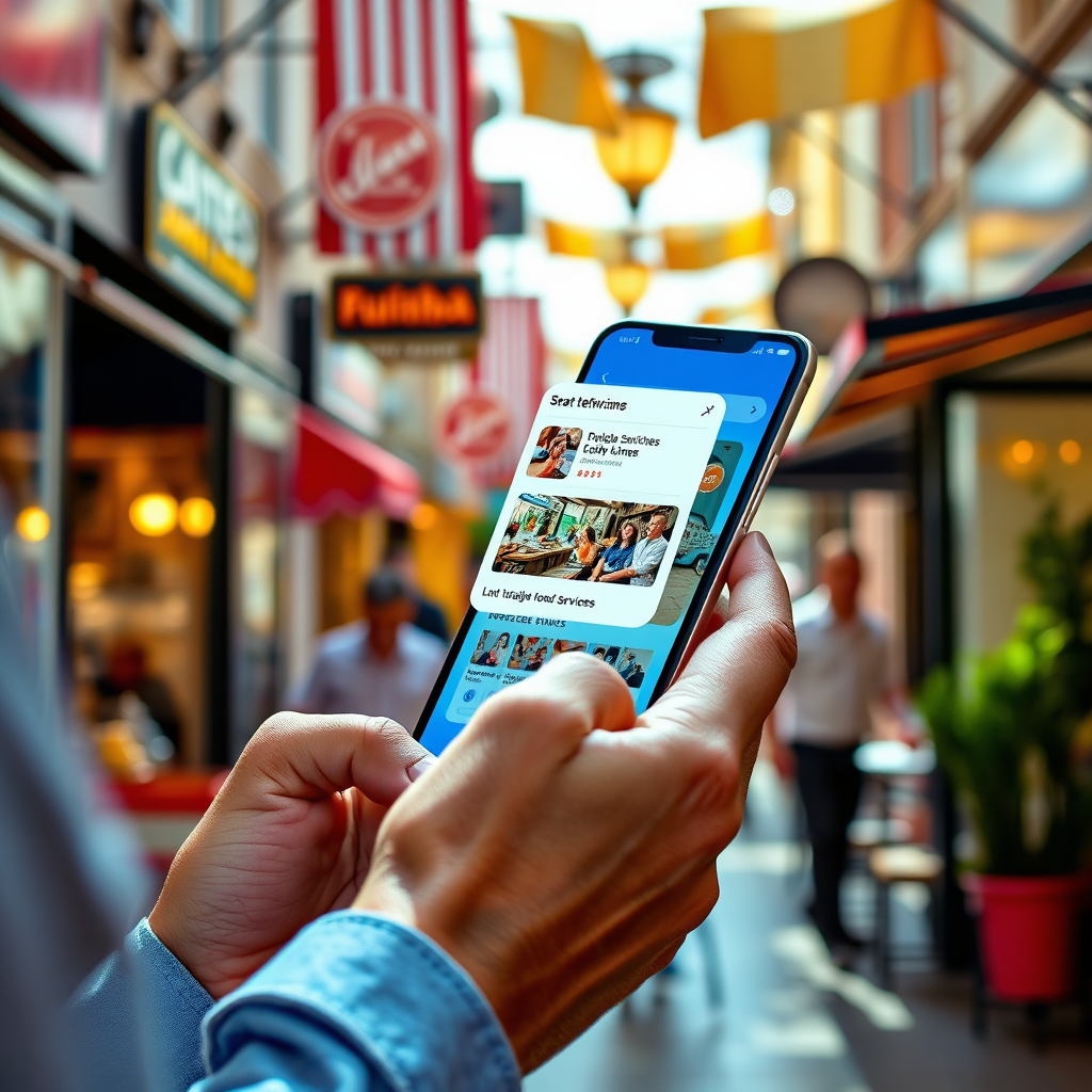 A captivating image of someone scrolling through the Luk-Local.com app on their smartphone, set against a backdrop of a lively local street filled with shops and diners. The lighting is bright and cheerful, capturing the essence of community. The color palette vibrantly contrasts pop-up notifications showcasing local deals and services. This engaging visual encapsulates the convenience of smart local discovery.
