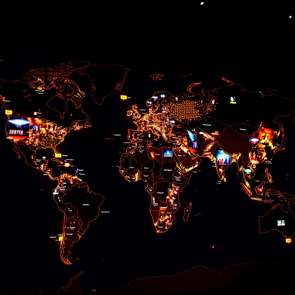 A captivating image portraying an elegant global map dotted with locations of event venues, blended with dynamic projectors showcasing iconic events around the world. Bright colors represent diverse cultures, with glowing lights illuminating the map. The image serves as a visual invitation to explore worldwide experiences. A well-angled shot helps capture depth and perspective, subtly portraying travel and excitement, symbolizing global exploration.