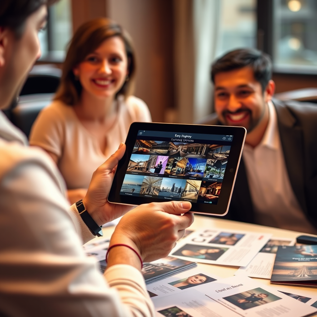 A captivating image showcasing an array of stunning venue options displayed on a digital tablet held by a satisfied client, surrounded by brochures and beautiful venue photos. The warm and inviting lighting creates an enthusiastic atmosphere for planning. The focus is on the tablet, showcasing clarity in choosing a venue for an event. Textures of materials convey excitement and opportunity, representing outstanding venue options available.