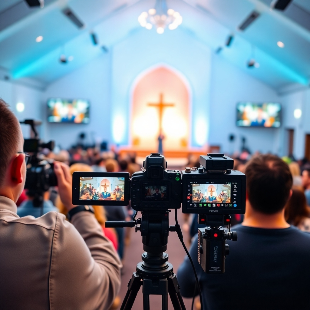 A captivating live streaming setup capturing a church service, complete with multiple cameras, lighting, and a live chat feed. Viewers from diverse backgrounds engaged on screens worldwide are represented visually around the church.