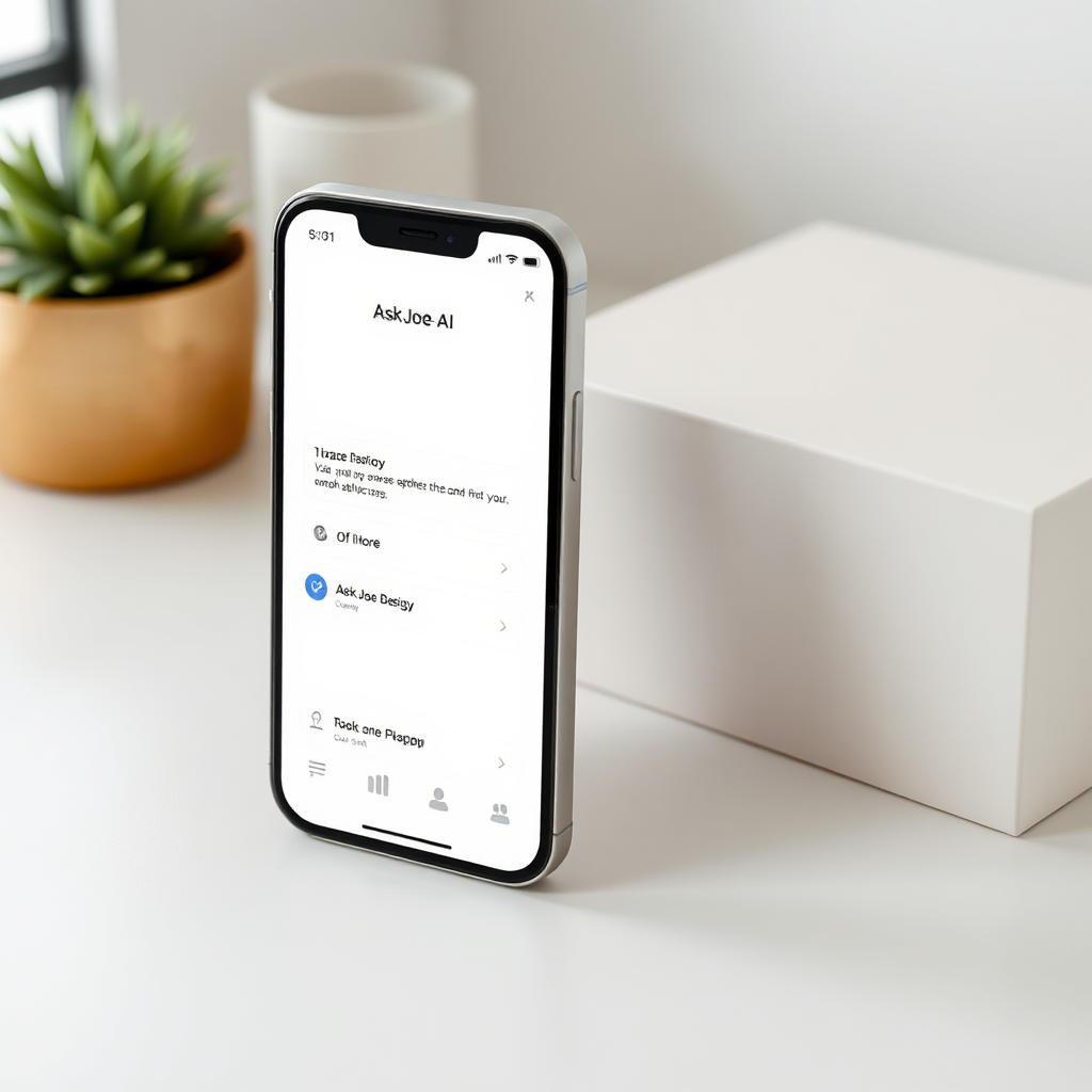 A clean, minimalist interface displayed on a smartphone with easy navigation designs. The background features a calm, serene workspace, emphasizing the simplicity and accessibility of AskJoe-AI. Textures are smooth, reflecting a modern tech feel. Style references align with contemporary digital design.