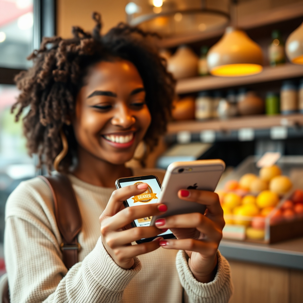 A close, engaging image showing a user receiving a digital rewards badge on their mobile device in a cheerful setting, such as a coffee shop or market. The user should express joy as they check their app, with warm colors and inviting textures in the surroundings to symbolize comfort and satisfaction. Highlights of the phone screen displaying rewards notifications should be clear and vivid, reflecting a sense of accomplishment and excitement, creating a connection to the benefits of the program.
