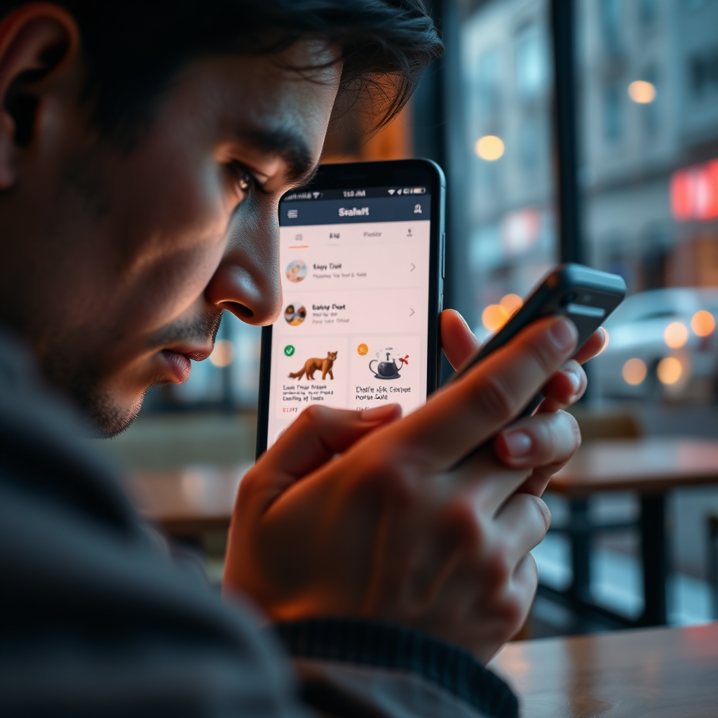 A close-up image of a user intensely focused on their smartphone with the AI app showing personalized deal suggestions. The setting can be a cozy café with hints of city life visible through the glass windows. The warm lighting adds a comfortable vibe, and the colors should convey a sense of modern technology blending with everyday life. The camera angle should be intimate, zooming in on the app’s screen while including parts of the café environment for context. The image should showcase the blend of technology and personal interaction, aiming for a high-quality feel.