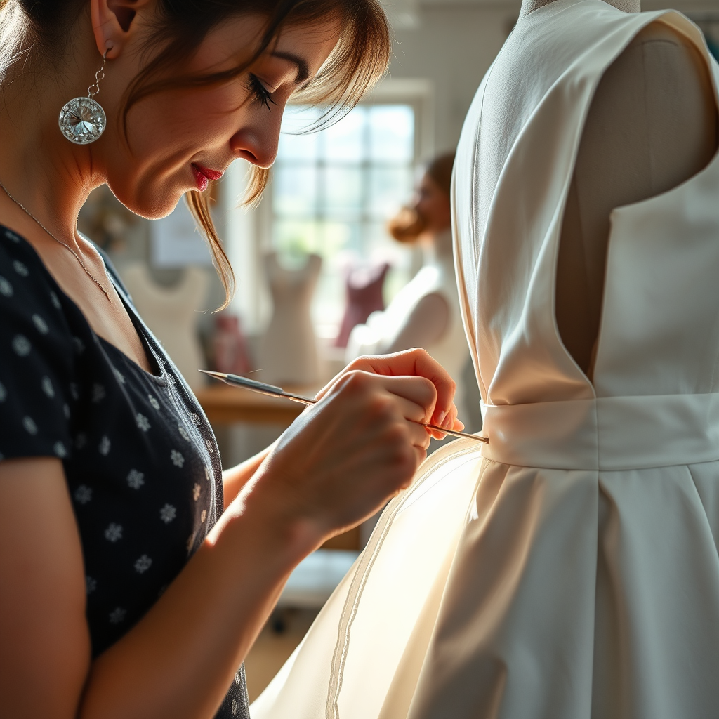 A close-up of a fashion designer carefully altering a dress, showcasing the focus and artistry involved in tailoring. The workshop has a cozy feel with natural light pouring in, highlighting the textures of fabric and the precision of the tools used. This image symbolizes the care and attention given to each piece tailored for WendyWoo clients.