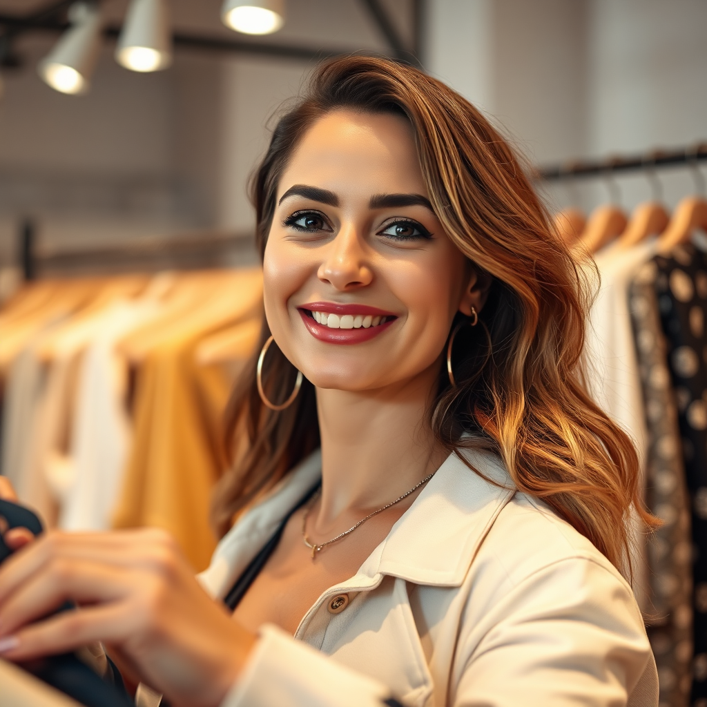 A close-up shot of a woman selecting clothing in the boutique, her expression one of satisfaction and determination. The soft focus showcases her stylish outfit while the background features a variety of curated pieces, enhancing the idea of choice and individuality. The lighting is warm, giving a positive and empowering vibe.