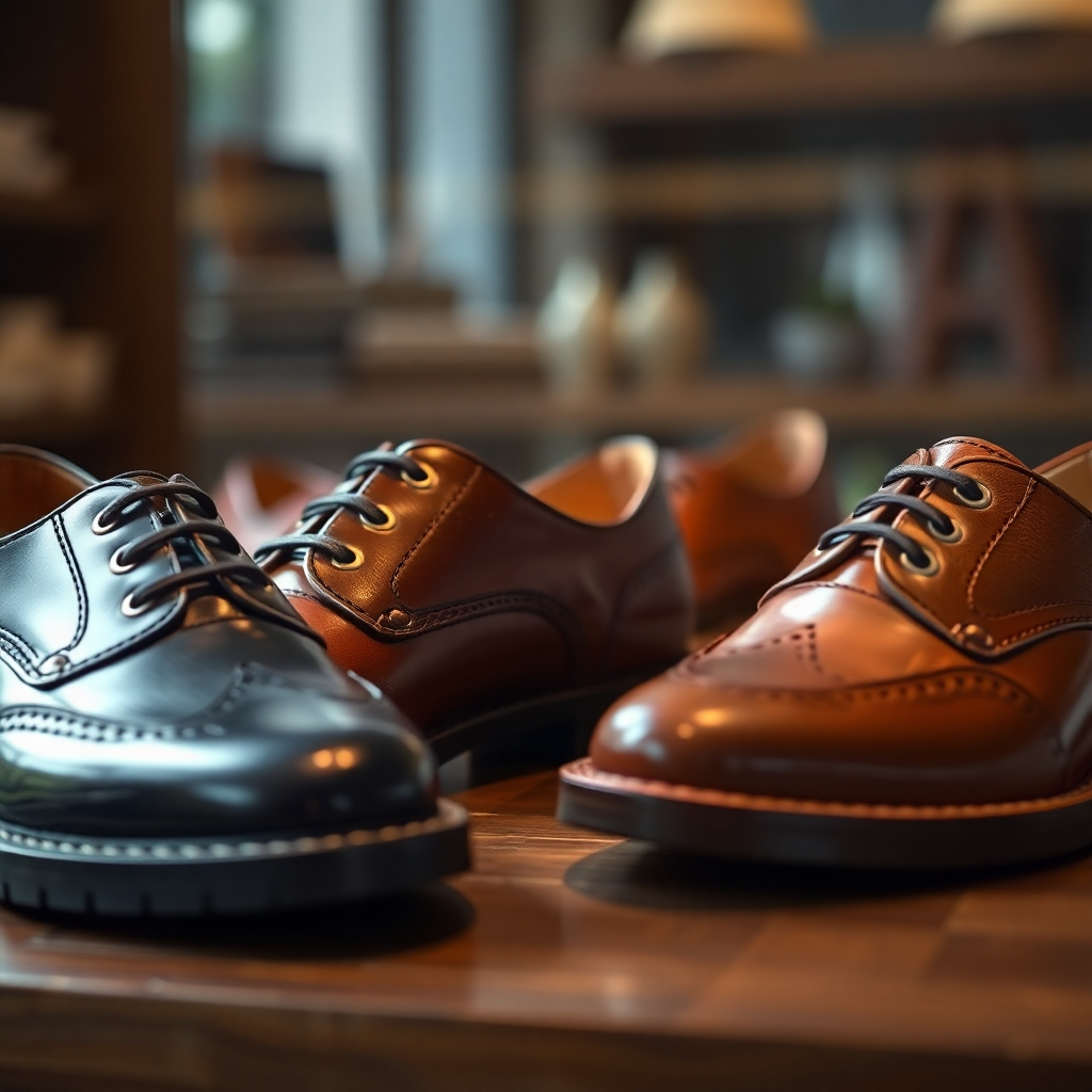 A close-up shot of beautifully crafted shoes from popular brands, displayed elegantly on a wooden surface. Make sure to highlight the quality materials and fine details, with soft lighting to accentuate their texture and elegance.