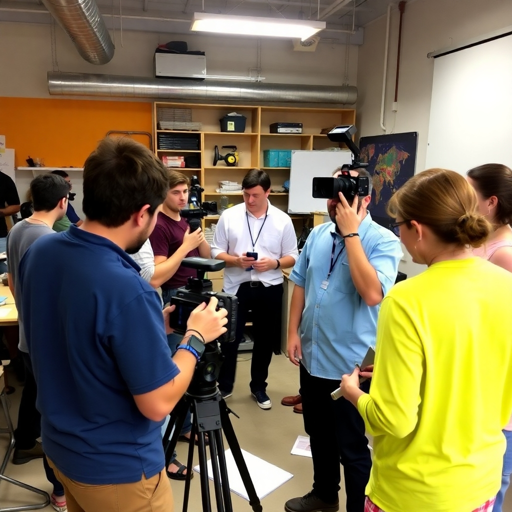 A collaborative workshop scene showing participants engaged in practical exercises with media equipment, fostering teamwork and skill-building in a vibrant creative environment.