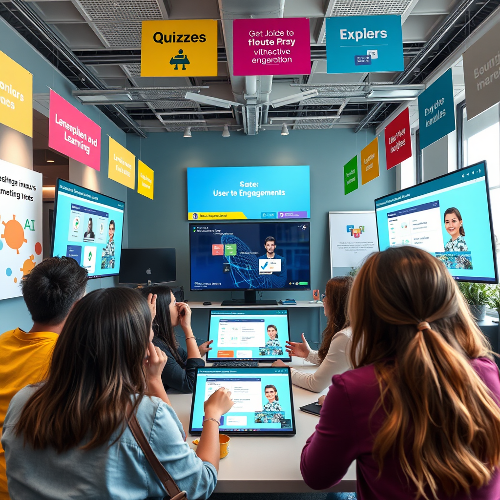 A creative scene demonstrating user engagement tools such as quizzes and interactive modules from AskJoe-AI. The environment is lively, featuring colorful banners and engaging interfaces on screens. The camera angle captures users actively participating in the learning process, evoking enthusiasm and interaction.