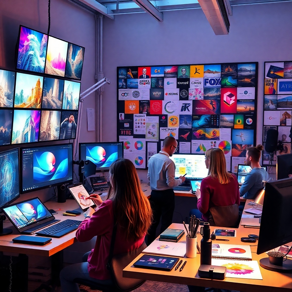 A creative workspace filled with advanced graphic design technology, such as high-definition monitors displaying vibrant visuals, digital tablets for artists sketching ideas, and a mood board featuring an array of colorful concepts. Include a diverse team of designers collaborating on a project.