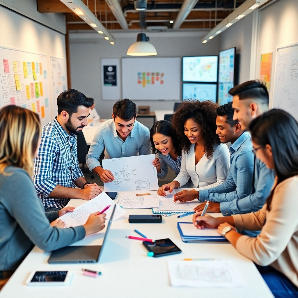 A diverse group of creative professionals working together in an open workspace. They are brainstorming ideas with sketches and digital devices around them. The setting is lively, with colorful whiteboards and screens displaying project plans and creative designs. Show a sense of teamwork and innovation.