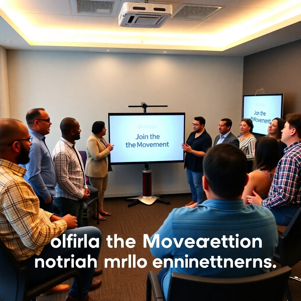 A diverse group of pastors and media professionals gathered in a modern conference room, engaged in animated discussions, with a projector displaying 'Join the Movement' on a screen. The atmosphere is collaborative, showcasing teamwork in church media enhancements.