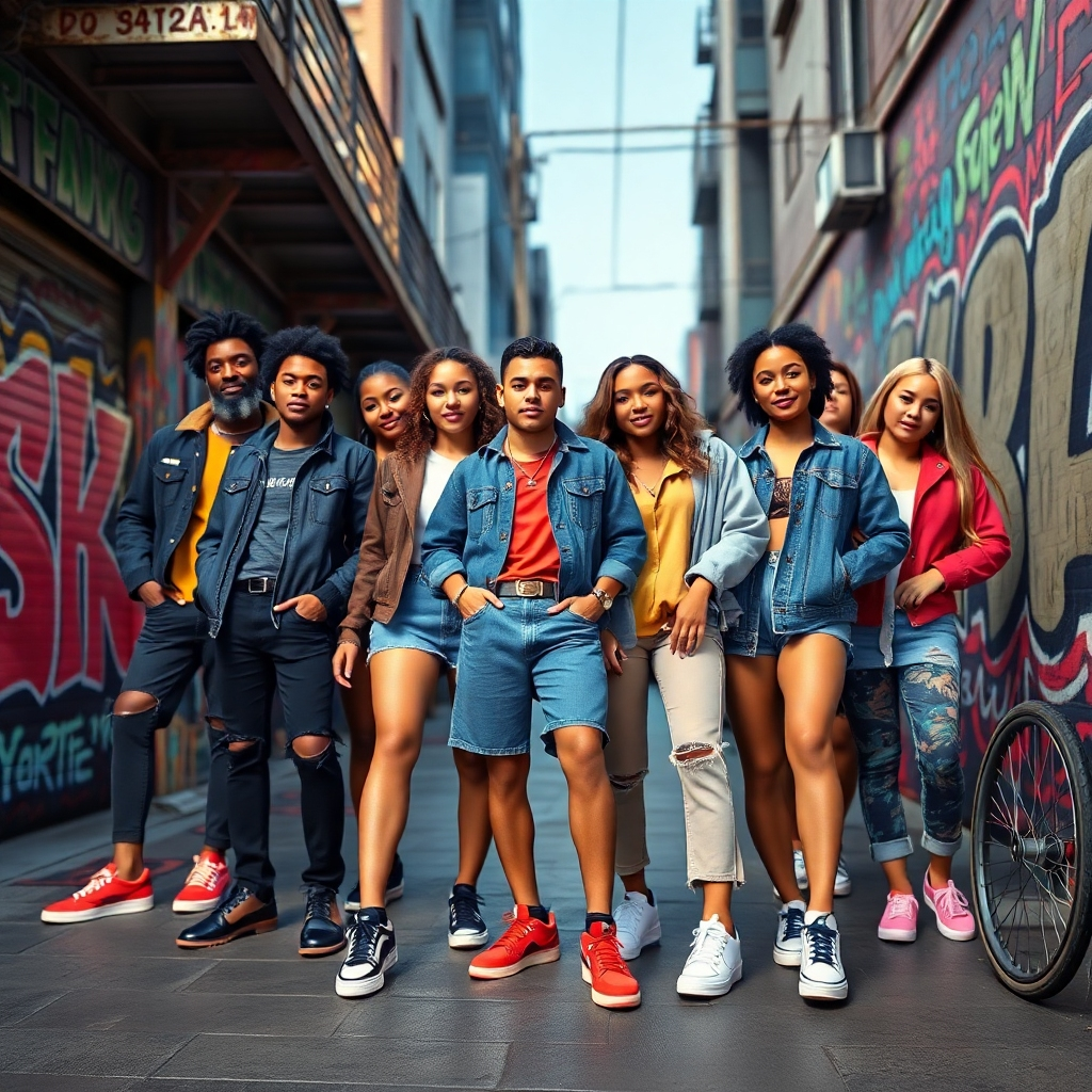 A diverse group of stylish young adults in a trendy urban environment, wearing various fashionable shoes from JustForKixs. Showcase a mix of bright colors and modern designs, with a vibrant background featuring graffiti art and city life.