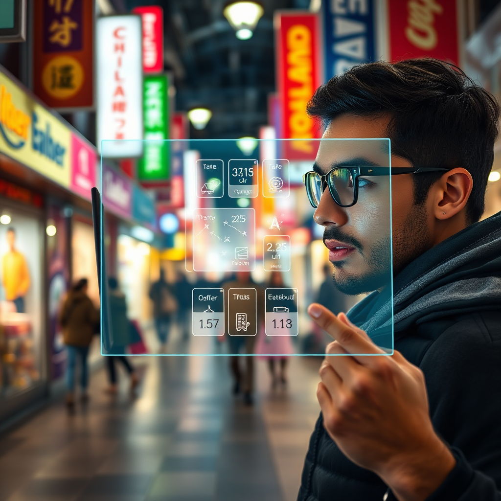 A dynamic image depicting a user engaging with an augmented reality interface showing deals around them in a local environment. The background should be a bustling street filled with colorful storefronts and advertisements, emphasizing the vibrant atmosphere of shopping. Illuminated by bright lights, the scene showcases interaction and engagement with technology. The camera should be angled to capture both the user’s intrigued expression and the digital overlay of offers, aiming for an engaging experience that reflects modern technology in everyday use.