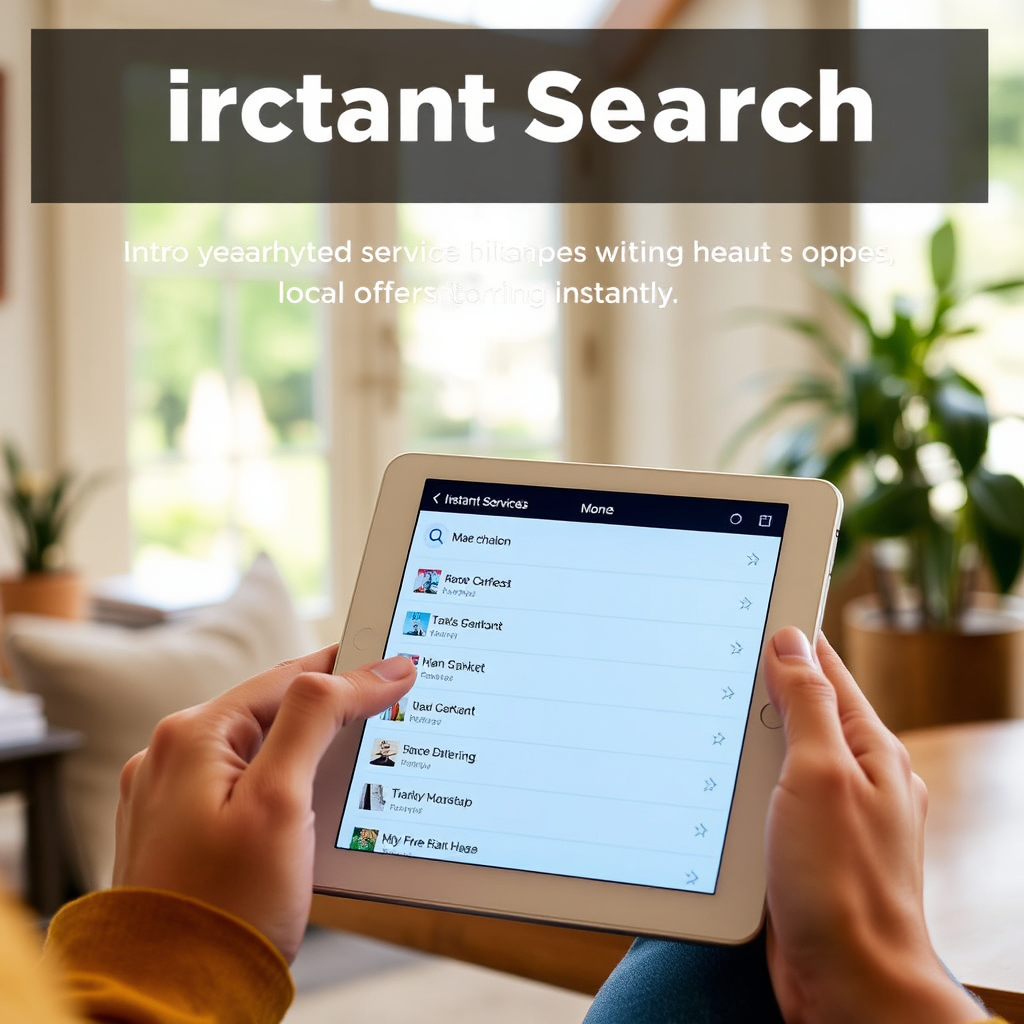 A dynamic image highlighting a user utilizing the instant search feature on a tablet. The setting is a cozy workspace filled with natural light, emphasizing comfort and accessibility. The screen showcases a list of nearby services, demonstrating ease of finding local offerings instantly.