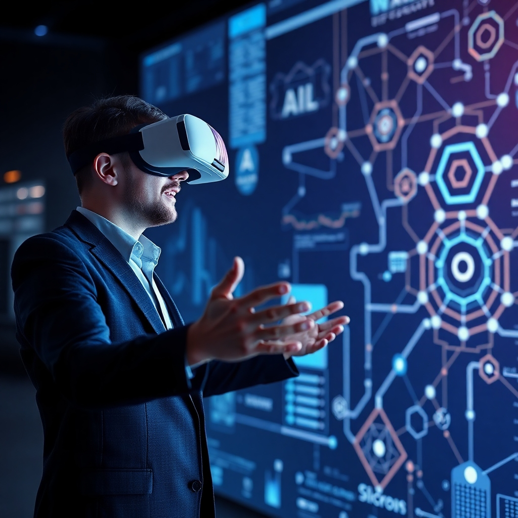A dynamic image of a consultant presenting innovative strategies using virtual reality and augmented reality tools. The environment is cutting-edge, with a blend of digital graphics showing blockchain patterns and AI algorithms. The lighting is stark and focused, creating emphasis on the tech tools being used, emphasizing a forward-thinking consulting environment.