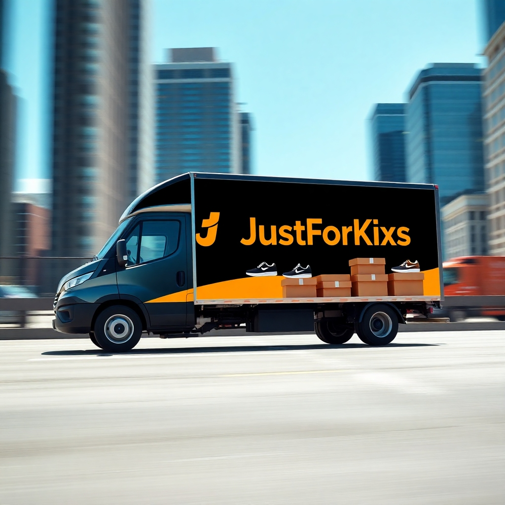 A dynamic image of a delivery truck branded with JustForKixs logo, speeding through a city with a blurred background of skyscrapers. The truck is carrying stylish shoes in boxes, symbolizing fast shipping. Include a sunny blue sky for an upbeat feel.