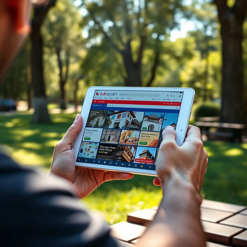 A dynamic image of an individual seamlessly accessing Luk-Local.com on their tablet in a park. The scene is infused with natural sunlight filtering through the trees, creating a serene atmosphere. The tablet screen showcases various local services, perfectly blending technology with relaxation. The texture of grass and wood benches complements the high-quality visual, symbolizing outdoor accessibility to local services.