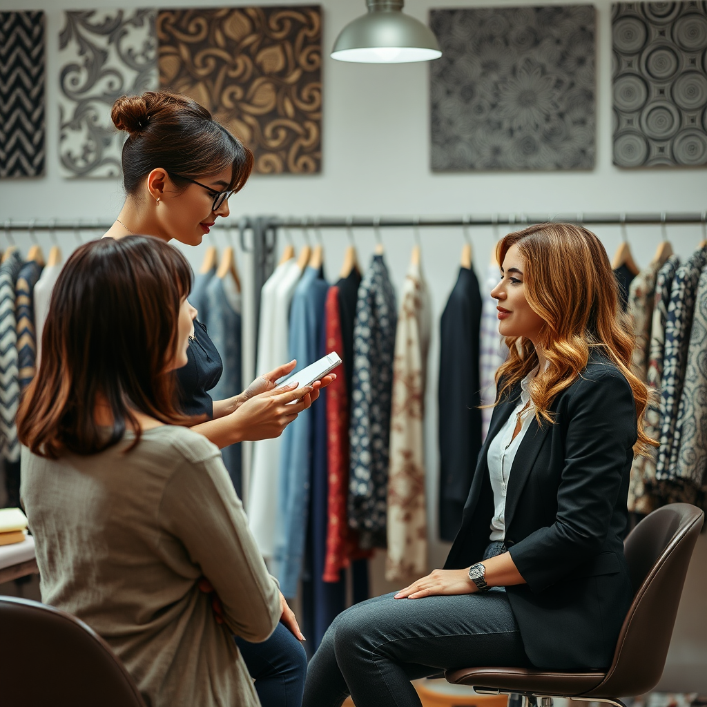A dynamic image portraying a consultation session in progress, with a stylist providing personalized advice to a client. The environment is professional yet inviting, adorned with fabric patterns and design materials, illustrating the collaborative nature of style consultations.