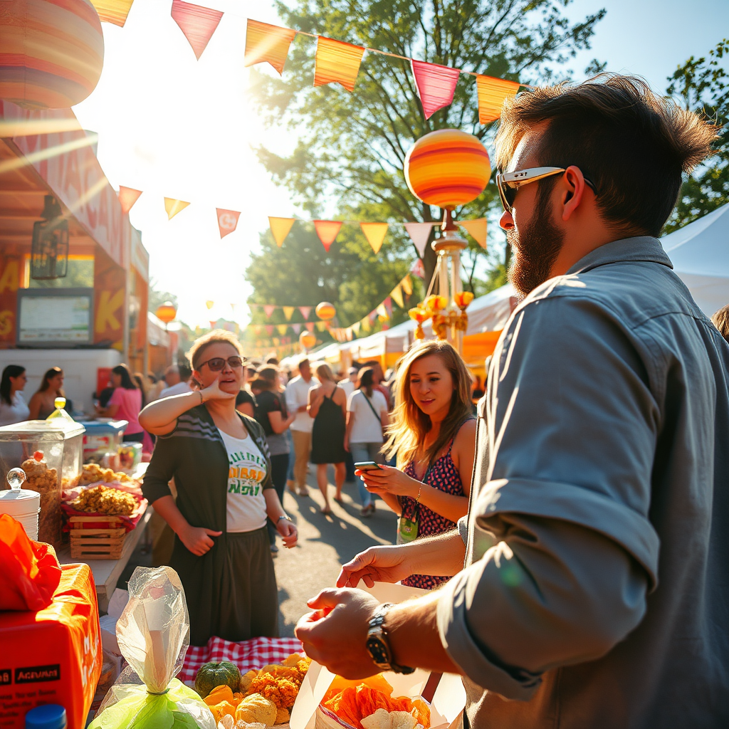 A dynamic image showcasing event promoters in action, setup at a vibrant outdoor festival, interacting with attendees. Bright colors of decorations, food stalls, and activities are all around. The sunlight casts a cheerful glow, highlighting the joy and creativity in the atmosphere. The camera angle captures excitement from a slightly elevated perspective, framing the enthusiasm and heart of the festival. Textures of fabrics, food, and nature enhance the cheerful image, symbolizing empowerment and creativity.