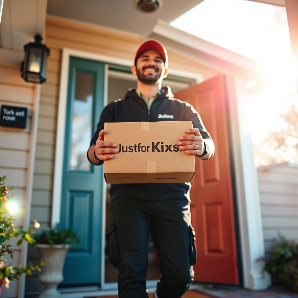 A dynamic scene of a delivery person holding a branded JustForKixs package while standing on a doorstep. Emphasize the excitement and timely nature of receiving a new pair of shoes, with bright sunlight and a welcoming home environment in the background.